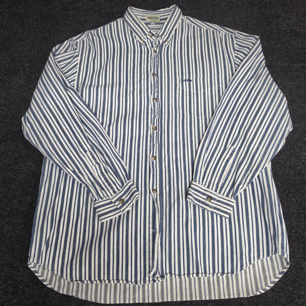 Vintage Guess Jeans American Tradition Striped Button Down Shirt Blue White L